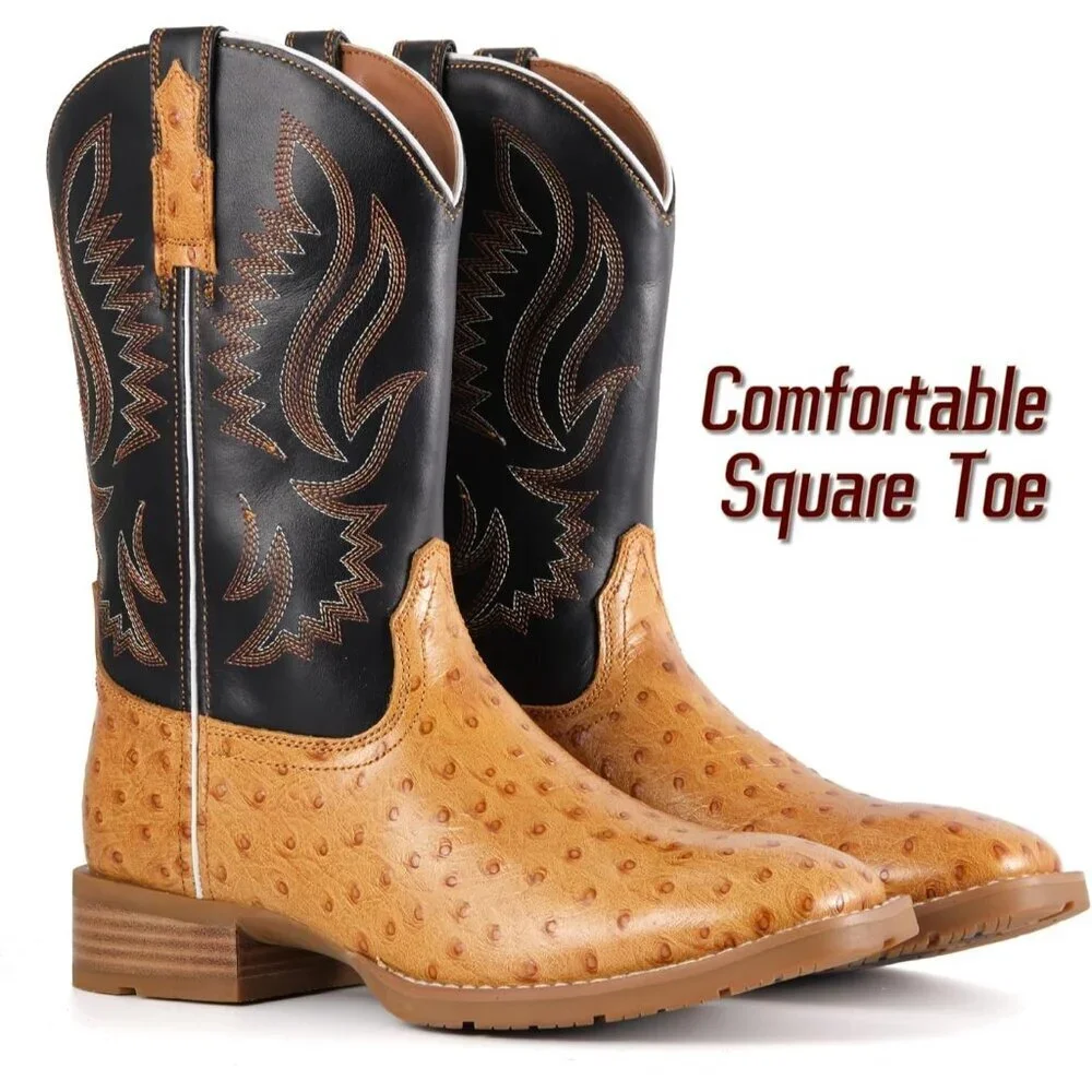 Men‘s Tan Leather Cowboy Ostrich Patter Square Toe Embroidery Western Boots
